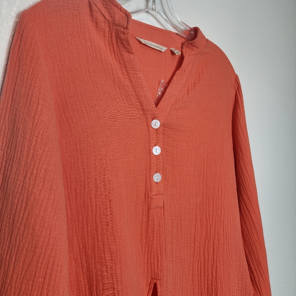 SOFT SURROUNDINGS Sea Breeze Gauze Cotton Front Tie Tunic Top Orange - Picture 9 of 10
